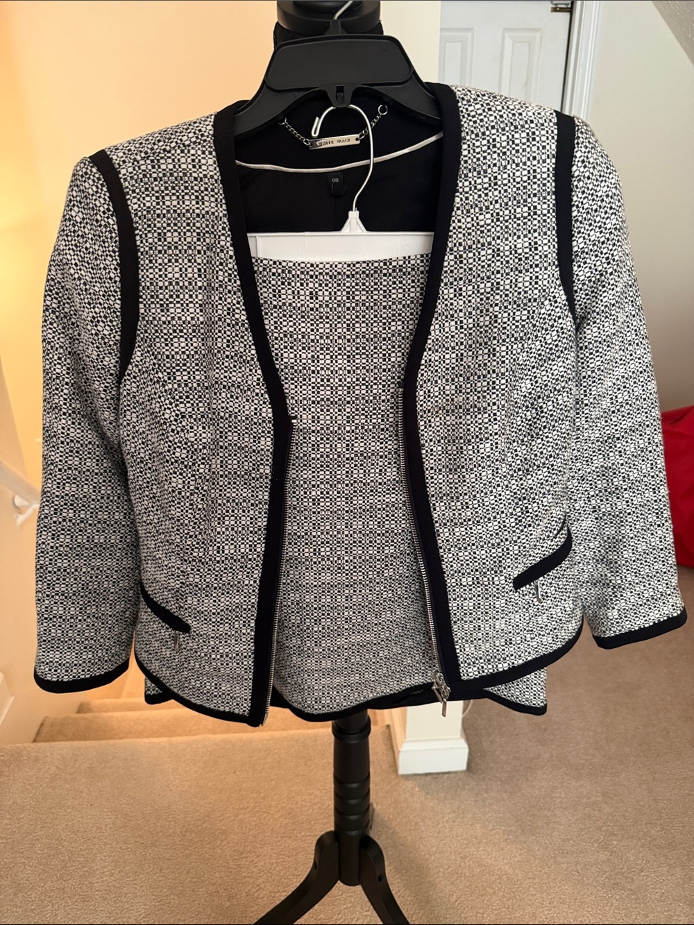 Black & White Tweed Open-Front Women's Jacket with skirt